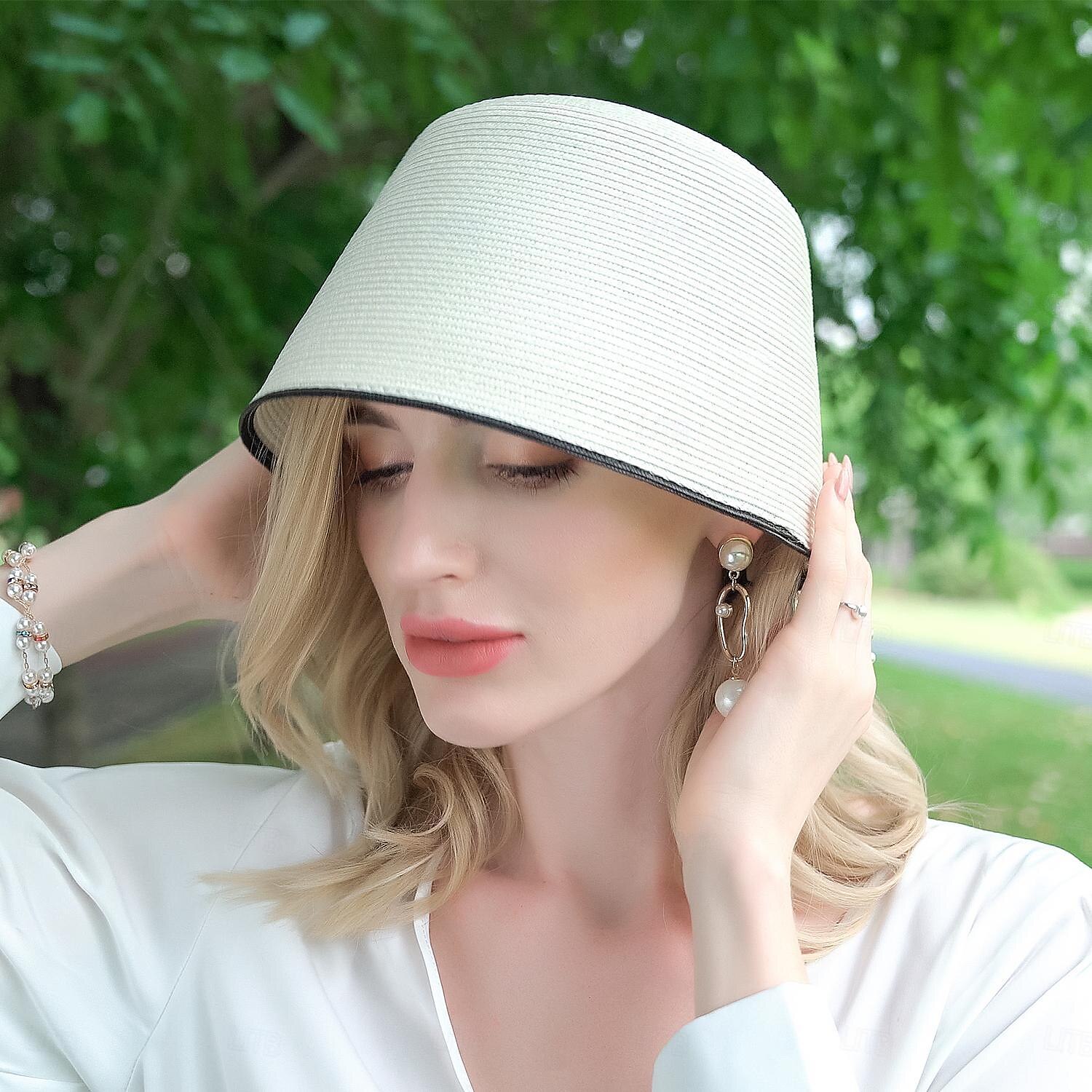 Hatter polyester Strå Bøttehatt Stråhatt Solhatt Bryllup Avslappet Elegant Bryllup Med Ren Farge Hodeplagg Hodeplagg 2025 - $15.99 –P6