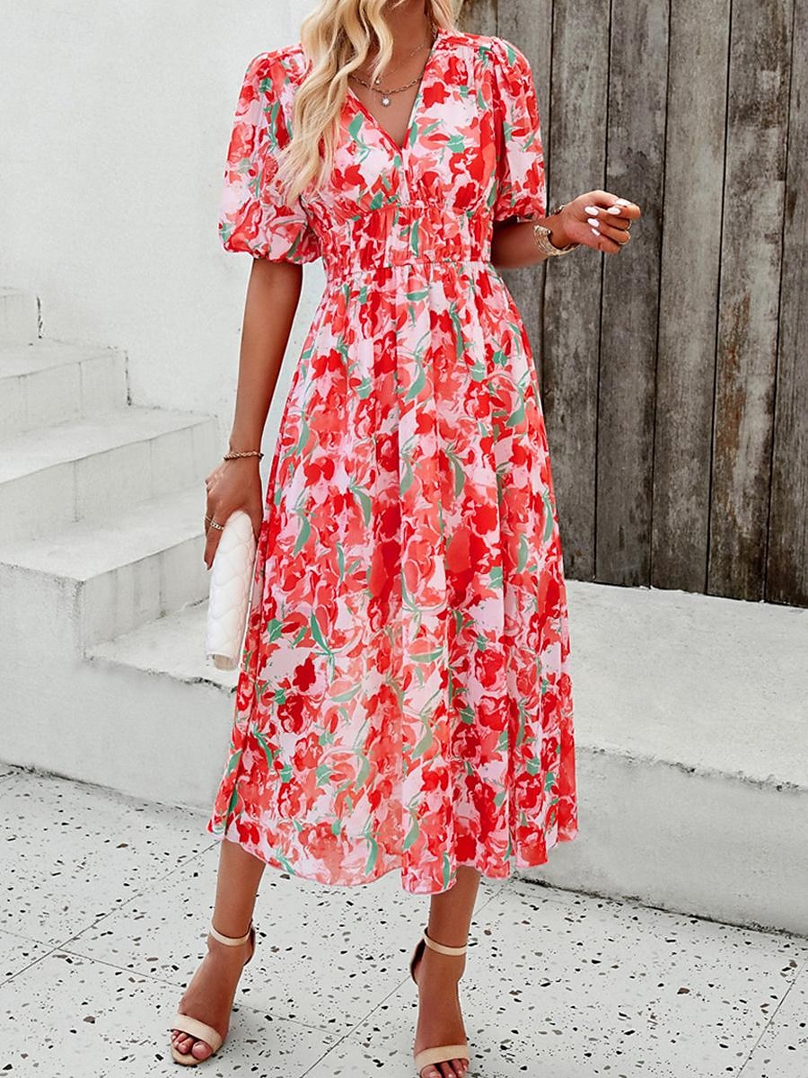 robe décontractée pour femme imprimé floral col en V robe midi ethnique bohème vacances manches courtes été de 2025 ? $29.99 –P4