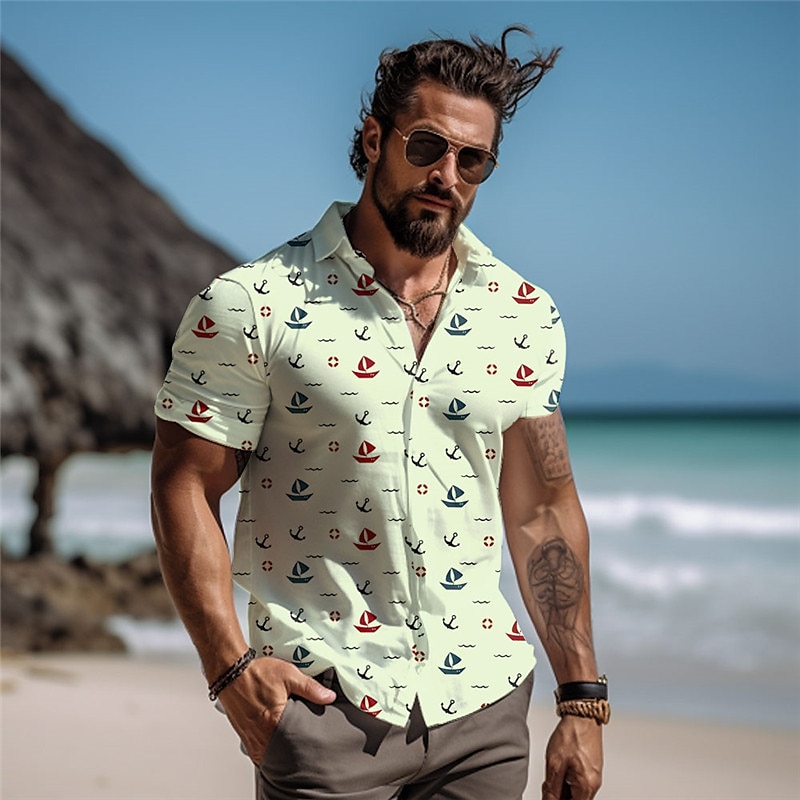 Férfi Csónak Ing Hawaii ing Aloha ing Rövid ujjú Ing Szabadság Divat Hawaii Szabadtéri Vakáció Hawaii Fehér Kék Lóhere S M L 2025 - $24.99 –P3