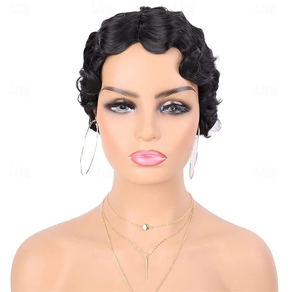 Parrucca a Onde Parrucca Corto Capelli Sintetici Ricci per Donne di Colore Nero Parrucca Lady Nuna Costume Cosplay Anni 1920 Festa di Carnevale Uso Quotidiano Parrucche di Halloween del 2026 a $22.99 –P14