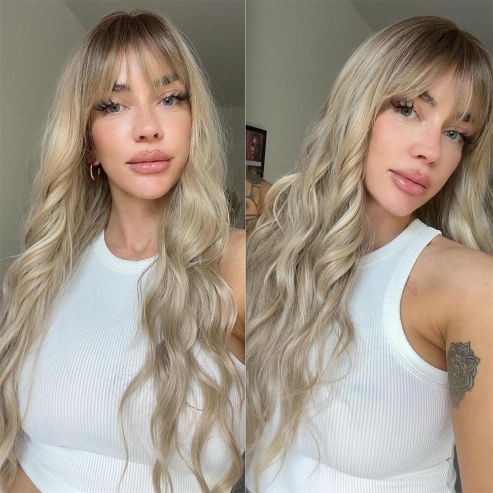 Ombre perucas loiras sujas com bangsash loira longa peruca ondulada para mulheres peruca de cabelo sintético longo encaracolado para festa uso diário 24in de 2025 por $29.99 –P4