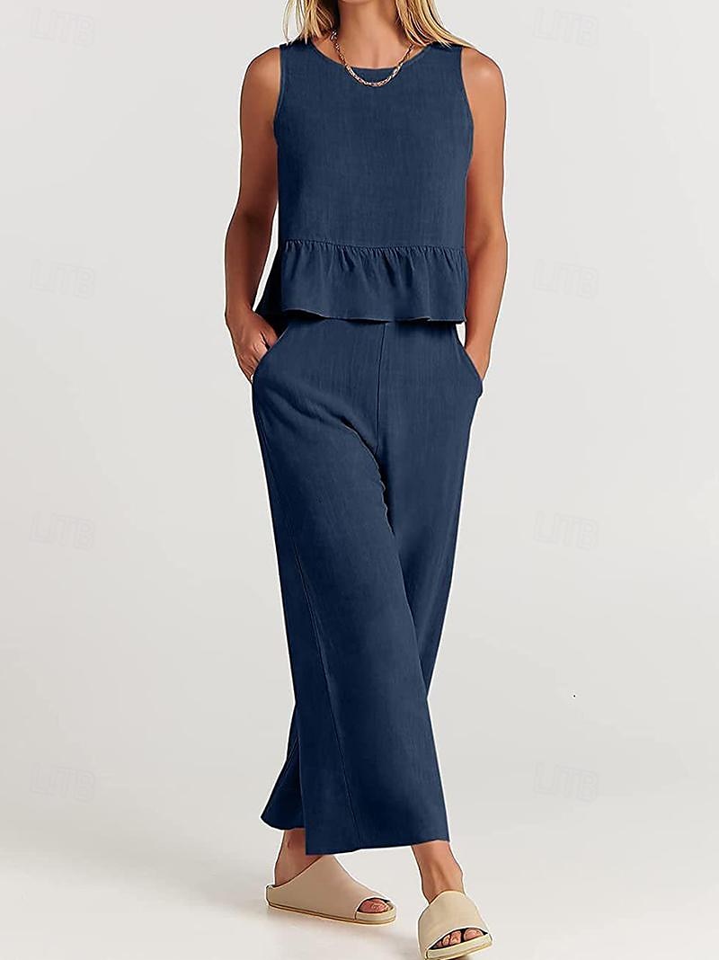 Linen Set Tank Cotton Linen Shirts Set Women's Black Army Green Navy Blue Solid Color Ruffle 2 Piece Street Daily Fashion Round Neck Cotton Linen Regular Fit S 2025 - $38.99 –P7
