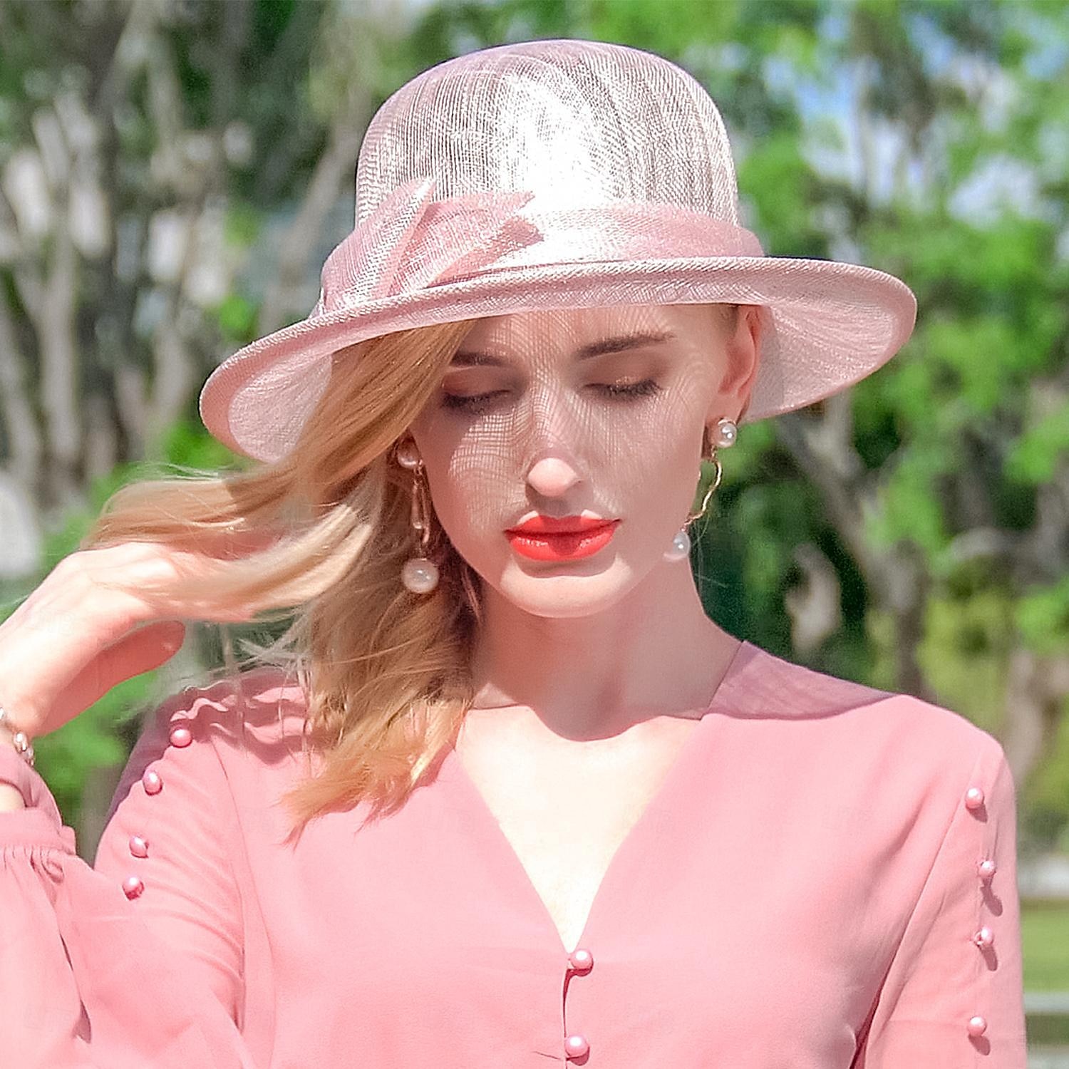 Chapeaux melon en lin/chapeau cloche, chapeau seau, chapeau de soleil, fête de thé, mariage élégant avec nœud papillon, couvre-chef de 2025 ? $49.99 –P15