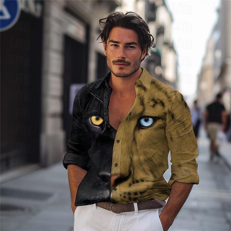 Herren Leopard Hemd Knopfhemd Langarm Abstrakt Brautkleider schlicht Freizeitskleidung Ausgehen Frühling Umlegekragen Bedruckt Button-Down Rote Blau Braun Grau 2025 - $26.99 –P4