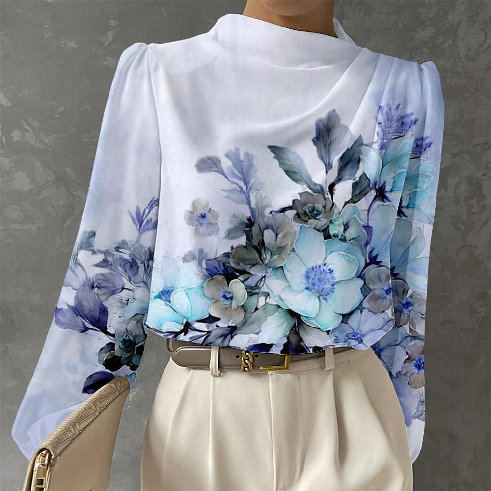 Blouse Femme Longue Manches Mode Imprimé Floral Tops Régulier Col Rond Travail Blanc Rose Bleu Vert Printemps  Automne de 2025 ? $32.99 –P5