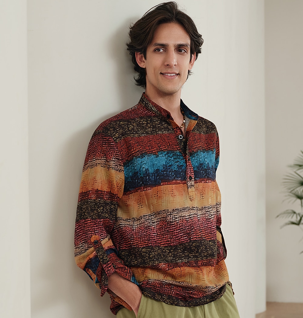 Herr Randig Geometri Skjorta Knapp upp skjorta Långärmad Mode Streetwear Designer Utomhus Gata Ledigt Sommar Vår Höst Hög krage Mönster Gul 2025 - $27.99 –P7