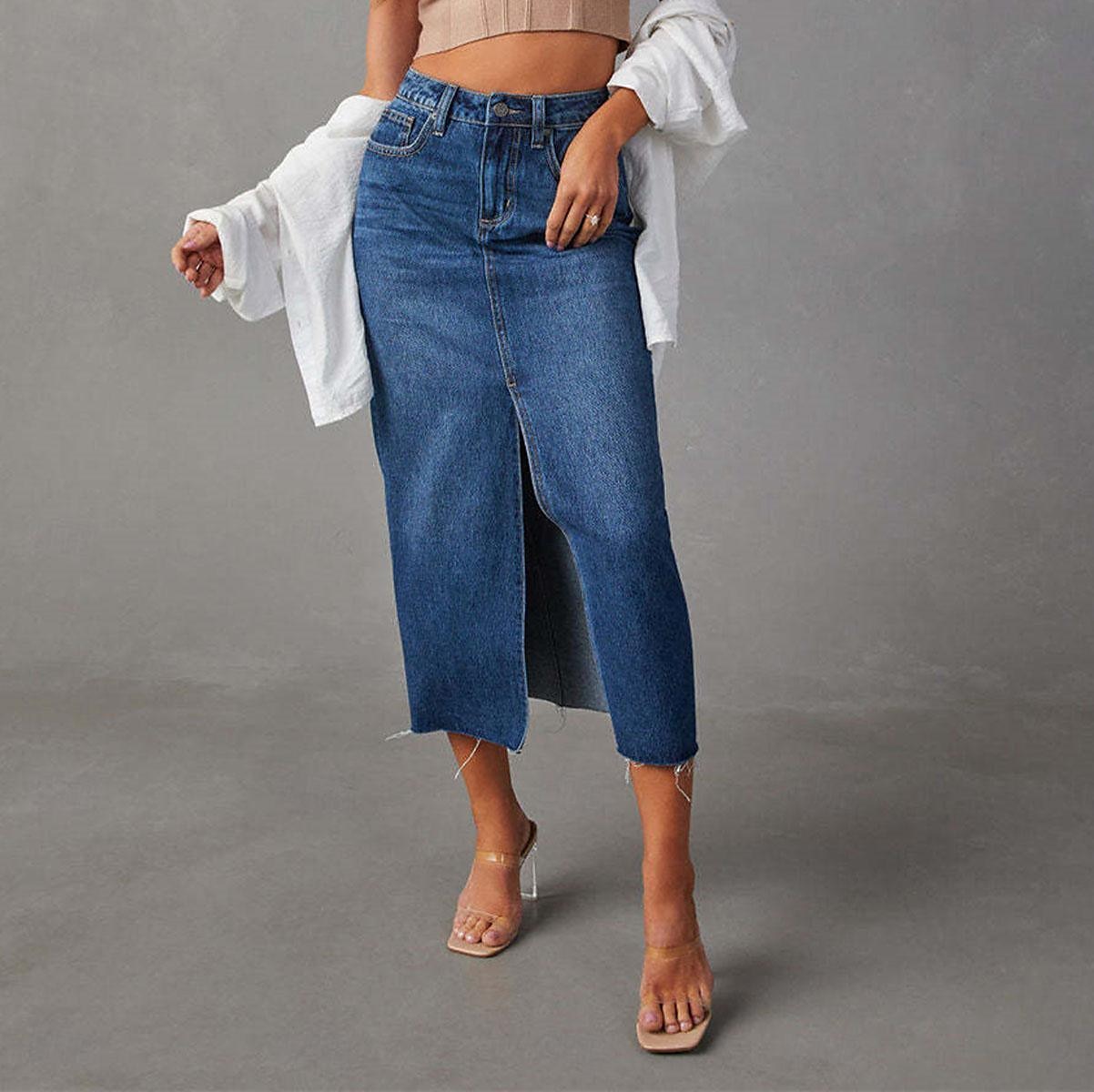 Femme Jupe Trapèze Jupe mi-longue en jean Mode Décontractées Midi Taille haute Jupes Couleur Pleine Poche Pointes fourchues Plein Air du quotidien Bleu Bleu clair Eté Jean de 2025 ? $31.99 –P3