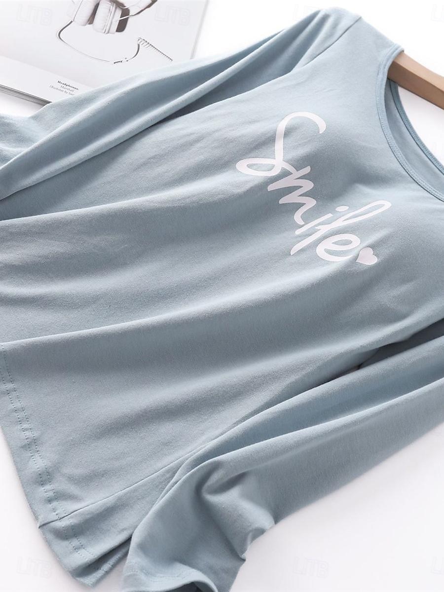 kvinnors pyjamasset brev mode komfort hem daglig säng bomull andas rund hals långärmad t-shirt t-shirt byxa bröstkuddar sommar vår hem outfits 2025 - $25.99 –P17