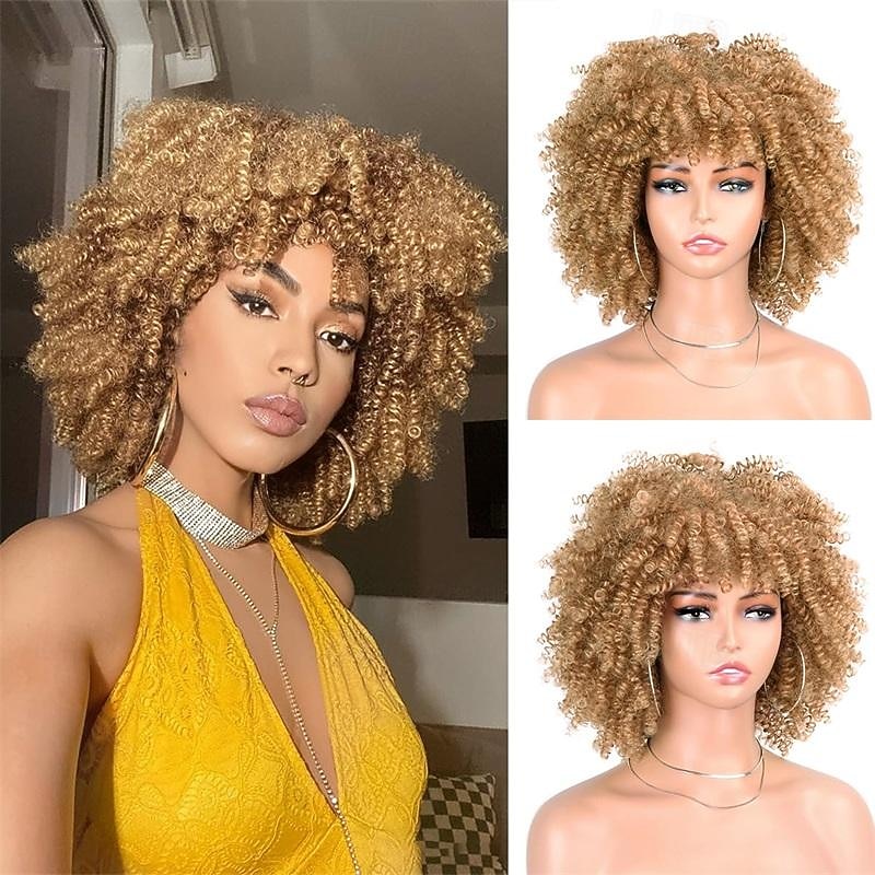 Afro Kinky Curly Wig with Bangs 12 Inches Synthetic Full Wigs Heat Resistant Short Kinky Curly Wigs for Daily Party Halloween Wigs 2025 - $21.99 –P13