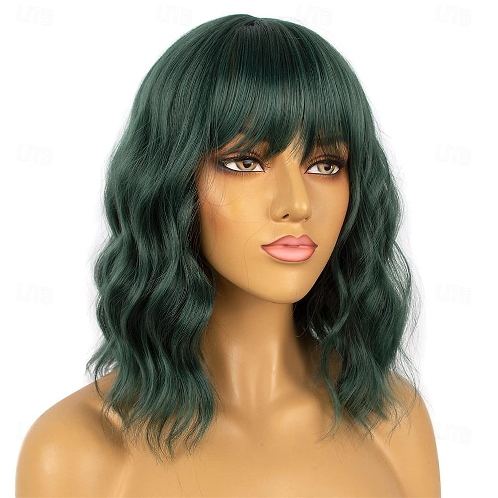Perruques courtes bob vert foncé avec frange pour femmes perruque ondulée lâche perruque bouclée ondulée perruque synthétique de longueur d'épaule pour filles perruques de costume colorées perruques de 2025 ? $18.49 –P6
