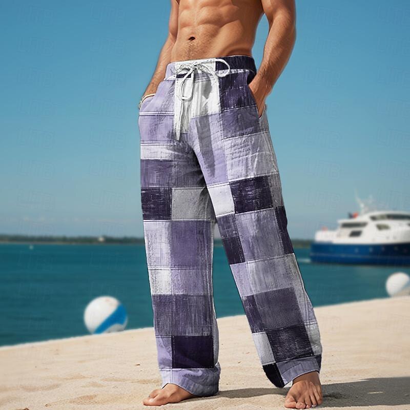 Pantalon décontracté imprimé en 3D à carreaux color block pour hommes, taille élastique, cordon de serrage, coupe ample, jambe droite, pantalon de plage d'été s à 3xl de 2026 ? $27.99 –P5