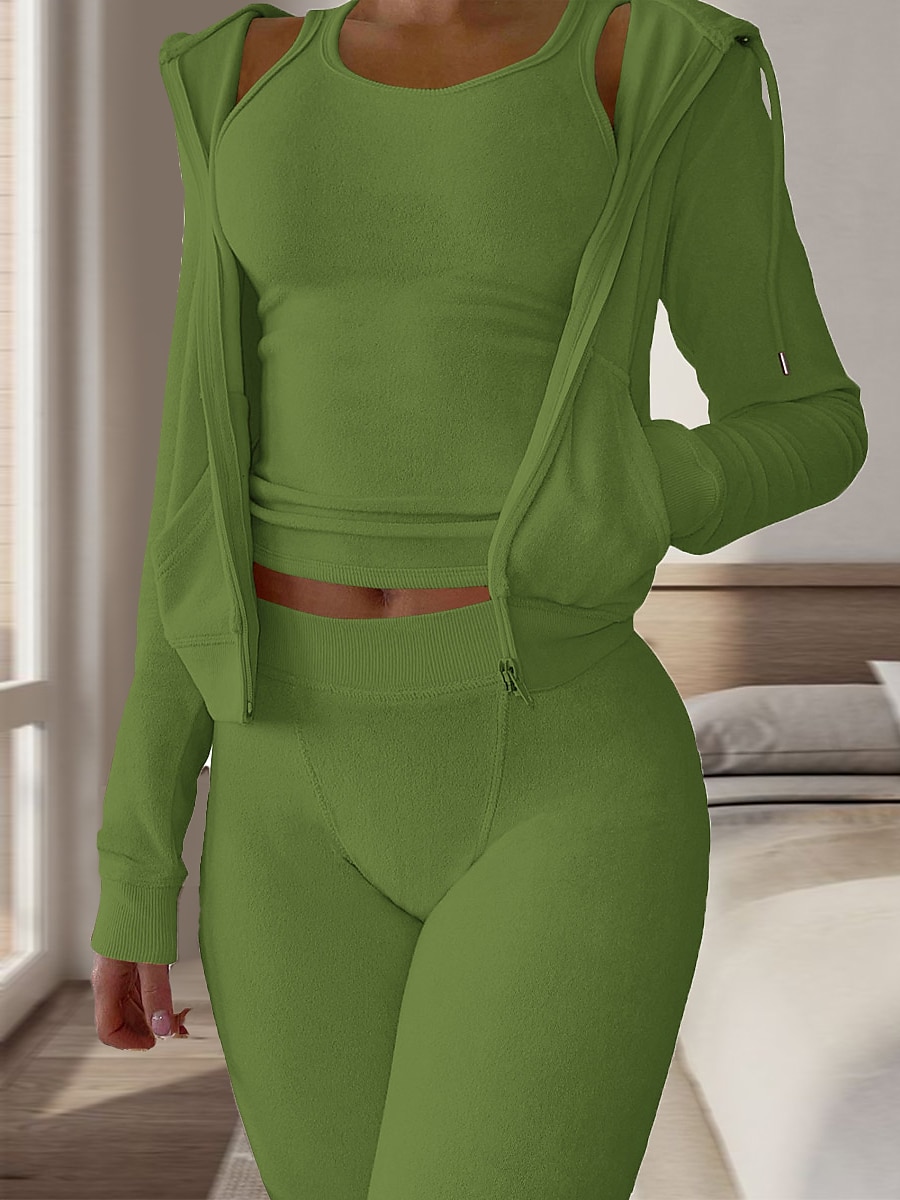 Women's Pajamas Sets 3 Pieces Pure Color Warm Fashion Plush Home Daily Bed Flannel Warm Breathable Hoodie Long Sleeve Hoodie Pant Fall Winter Home Outfits 2025 - $38.99 –P3