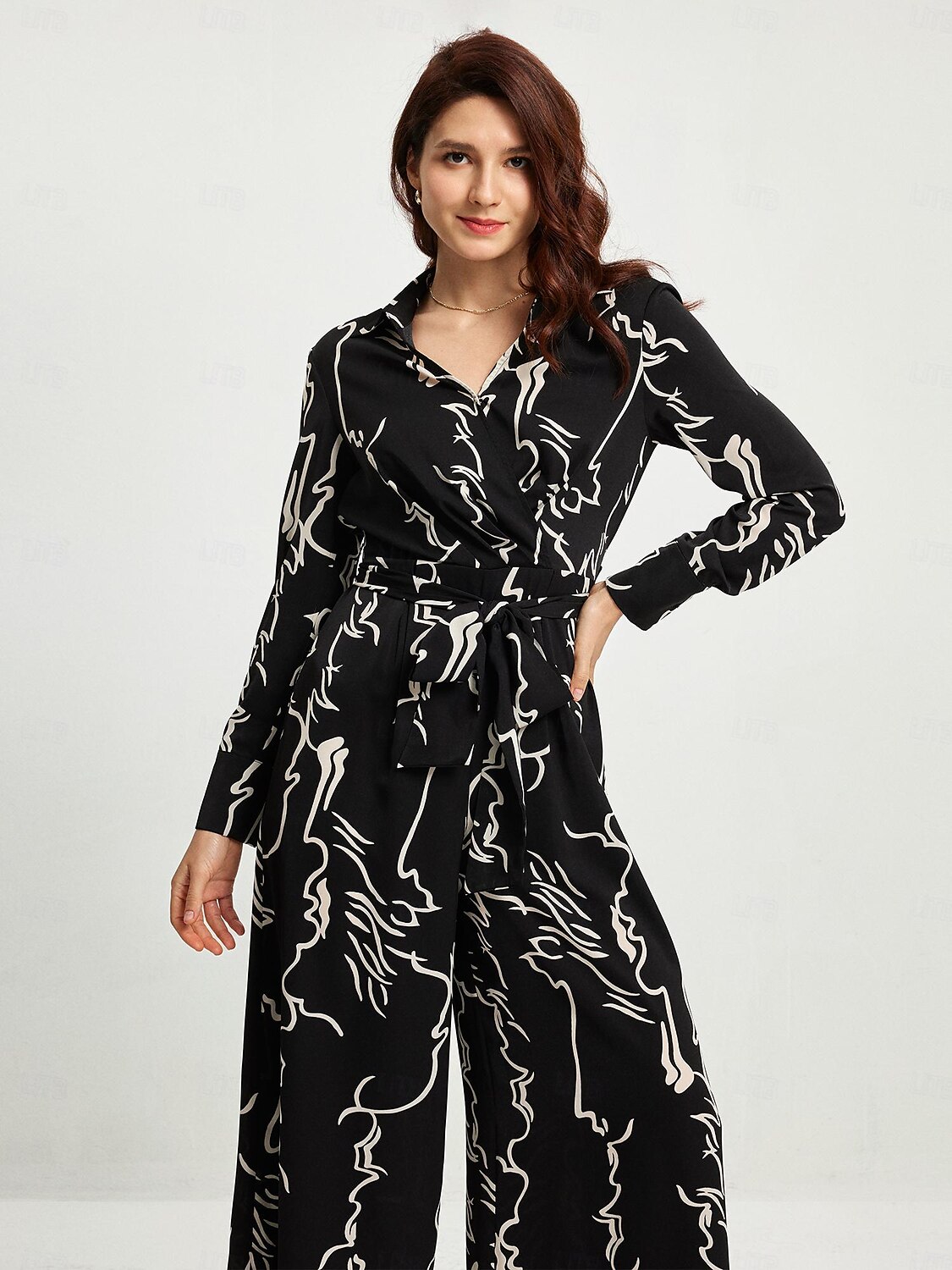 marmor graffiti playsuit skjortekrage langermet jumpsuit 2025 - $58.99 -P4