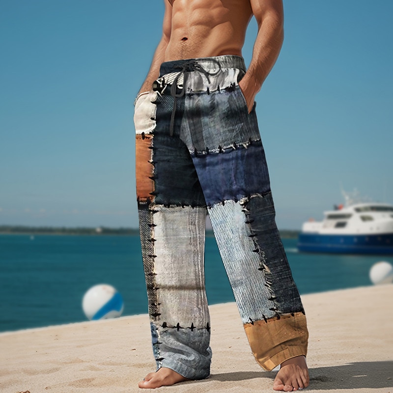 geruite kleurblok herenresort 3D-geprint casual broek broek elastische taille trekkoord losse pasvorm rechte pijpen zomerstrandbroek s tot 3xl 2025 - $25.99 –P6