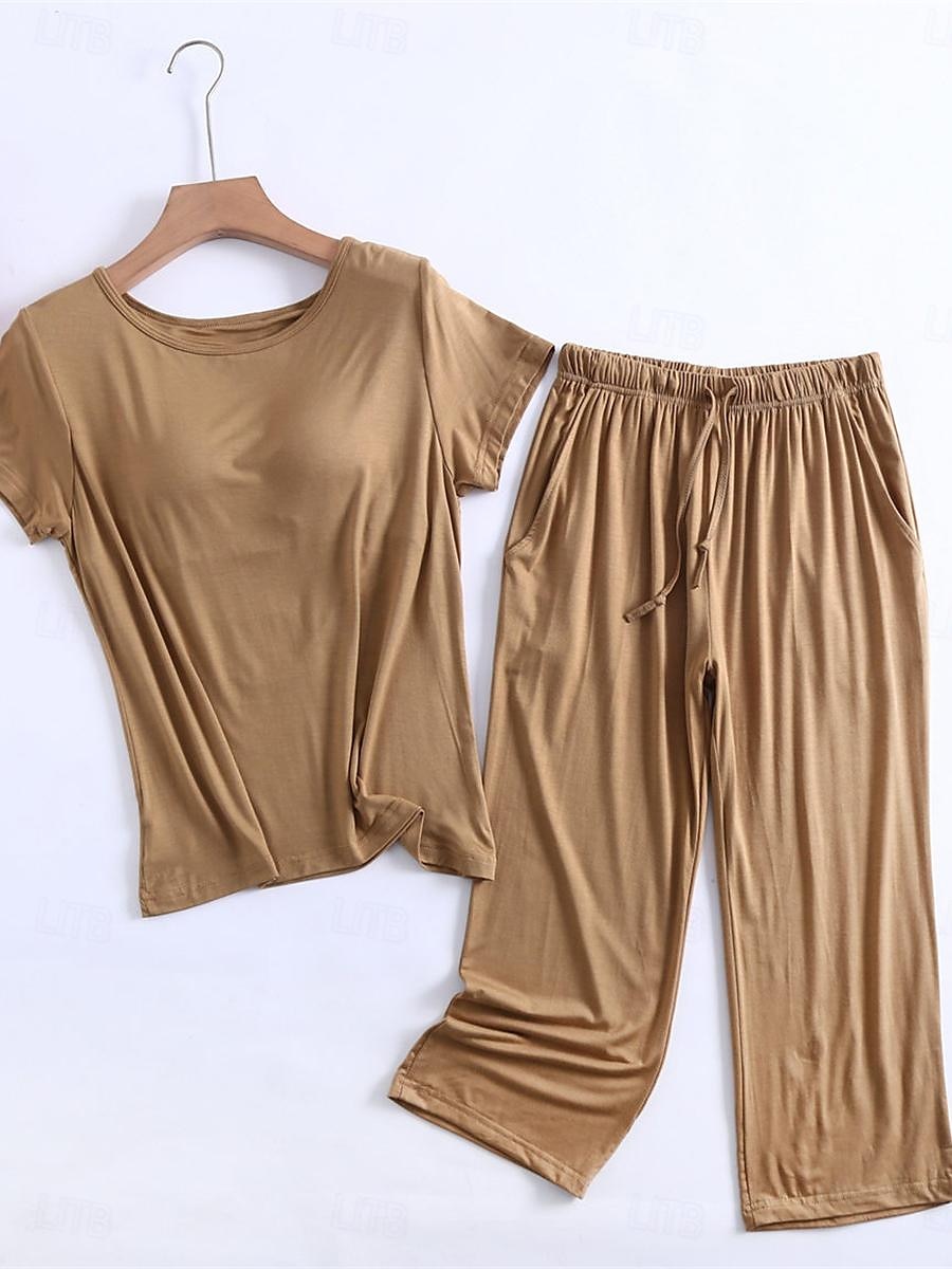 pigiama da donna set colore puro semplice comfort casa quotidiano letto modal traspirante girocollo manica corta maglietta pantaloni pettorali protezioni abiti estivi per la casa del 2026 a $26.99 –P12
