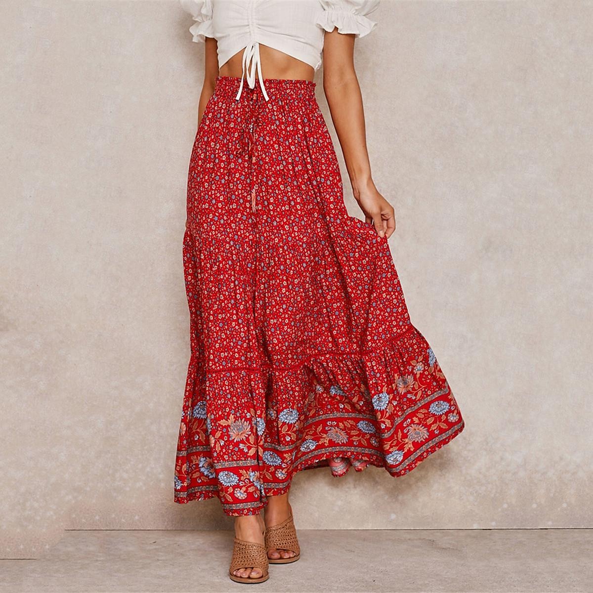 spódnica damska linia swing bohemia maxi spódnice z wysokim stanem kwiatowy wzór kwiatowy wakacje wakacje lato casual boho morela czerwony 2025 - $26.99 –P1