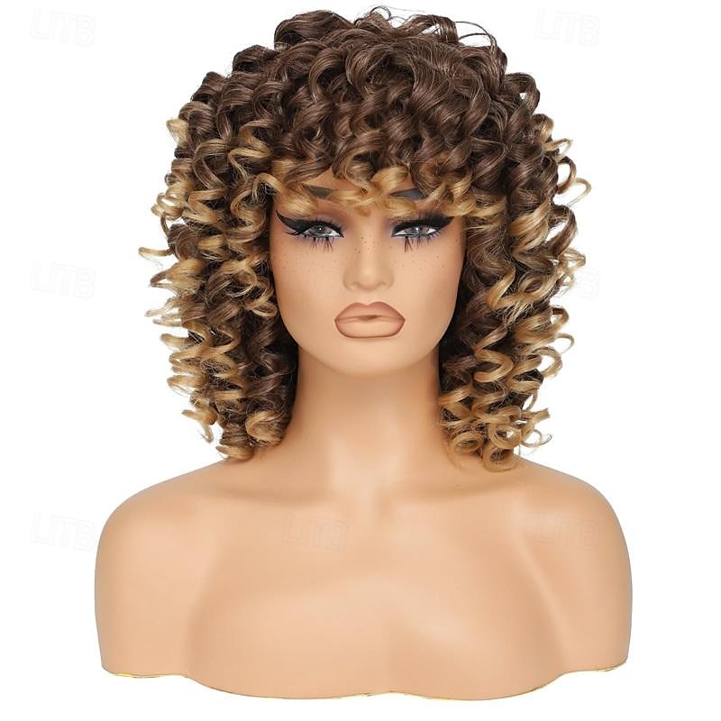 14 Zoll lockige Perücken für schwarze Frauen kurze lockige Perücke mit Pony große lockere süße krause lockige Haare synthetische weiche Perücken für täglichen Partys-Cosplay Halloween-Perücken 2025 - $21.99 –P2