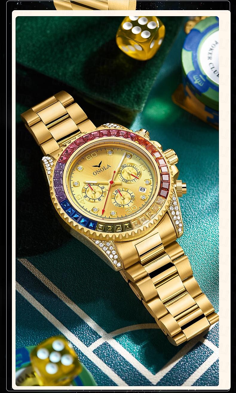 ONOLA Luxury Iced Watches Men Automatic Date Multifunctional Steel Clocks Fashion Rainbow Diamond Quartz Wristwatch 2025 - $48.99 –P5