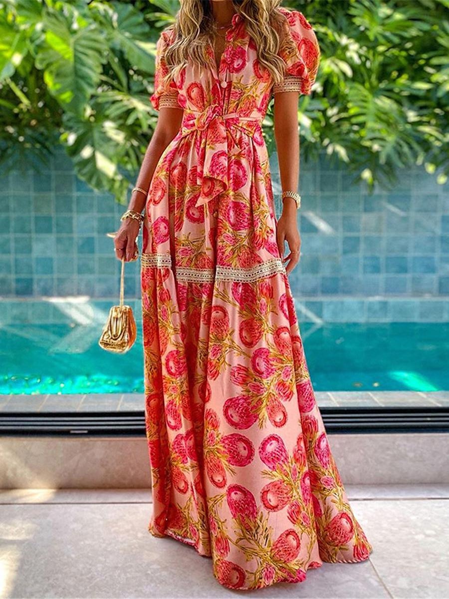 robe décontractée pour femme à fleurs à lacets boutonnée col chemise robe midi bohème vacances manches courtes été de 2025 ? $52.99 –P3