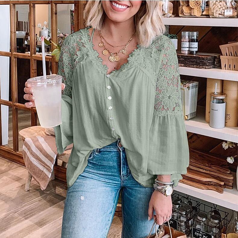 Shirt Boho Shirt Lace Shirt Blouse Women's Black White Pink Solid Color Lace Button Street Daily Fashion V Neck S 2025 - $24.99 –P9