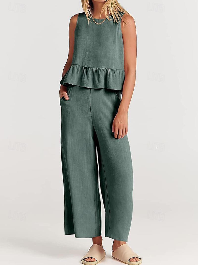 Linen Set Tank Cotton Linen Shirts Set Women's Black Army Green Navy Blue Solid Color Ruffle 2 Piece Street Daily Fashion Round Neck Cotton Linen Regular Fit S 2025 - $38.99 –P3