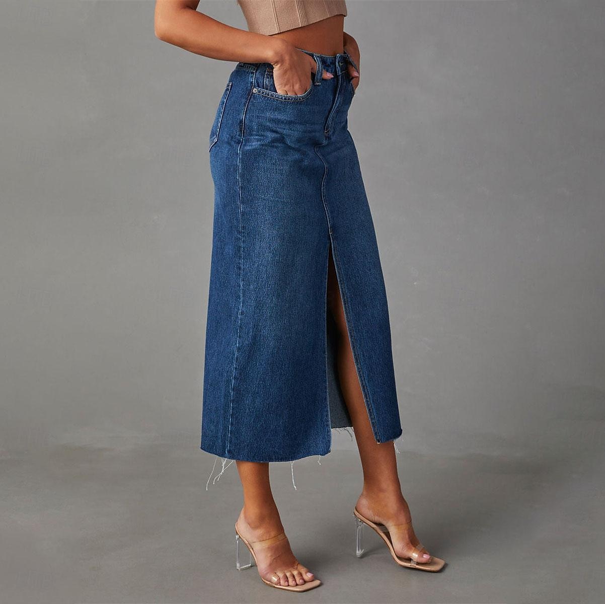 Femme Jupe Trapèze Jupe mi-longue en jean Mode Décontractées Midi Taille haute Jupes Couleur Pleine Poche Pointes fourchues Plein Air du quotidien Bleu Bleu clair Eté Jean de 2025 ? $31.99 –P2