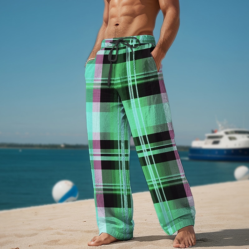 Plaid Color Block Men's Resort 3D Printed Casual Pants Trousers Elastic Waist Drawstring Loose Fit Straight-Leg Summer Beach Pants S TO 3XL 2025 - $25.99 –P9