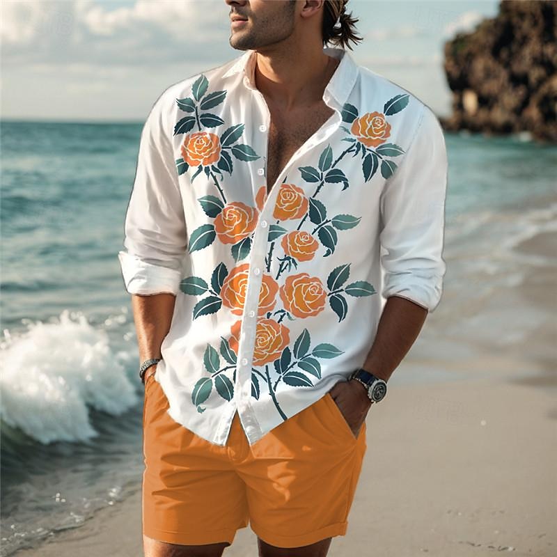 Herr Reste sig Skjorta Västerländsk skjorta Cowboyskjorta Långärmad Hawaiisk Ledigt Dagliga kläder Utekväll Vår Nedvikt Mönster Button-Down Rubinrött Blå Purpur Orange 2025 - $26.99 –P6
