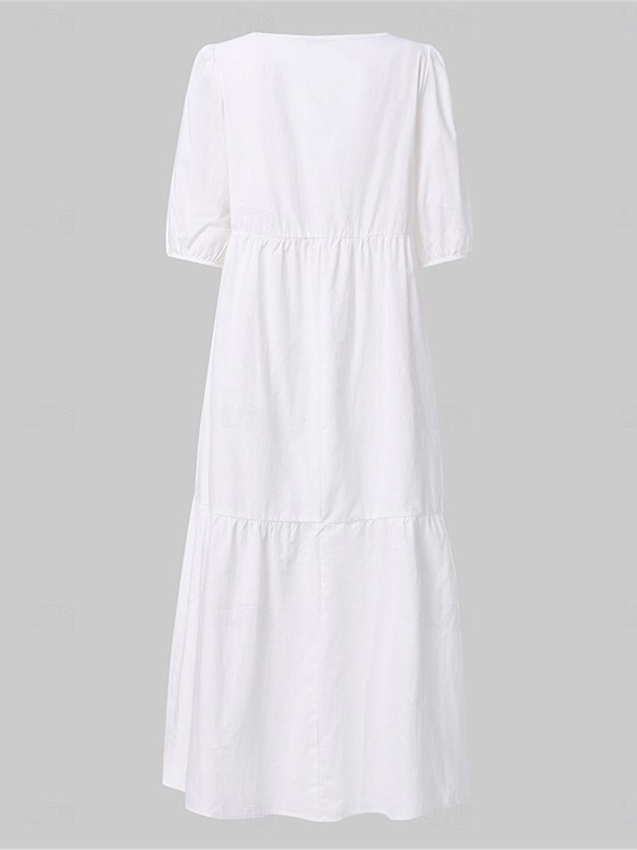 Damen mittellanges Kleid weiß gestuft Bohemian Stil kurze Puffärmel lässig fließend Strand Sommer atmungsaktive Baumwolle Kleidung Bekleidung 2025 - $46.99 –P7