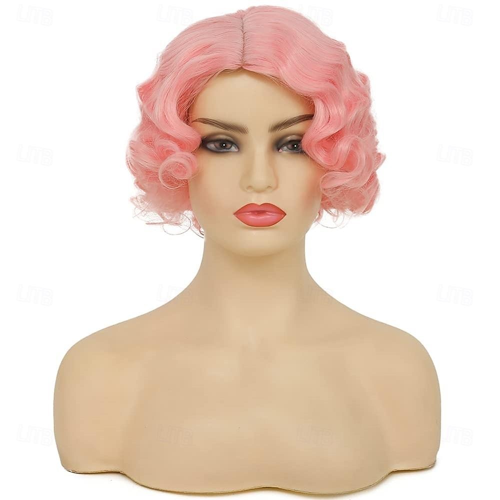 Kort rosa lockig peruk för kvinnor 1920-talets finger-våg hårperuk mjuk syntetisk värmeresistent cosplay kostym festperuk Halloween peruker 2025 - $18.49 –P2