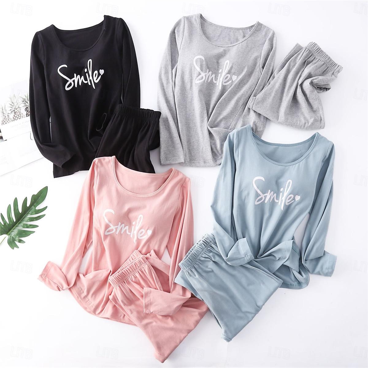 kvinnors pyjamasset brev mode komfort hem daglig säng bomull andas rund hals långärmad t-shirt t-shirt byxa bröstkuddar sommar vår hem outfits 2025 - $25.99 –P1