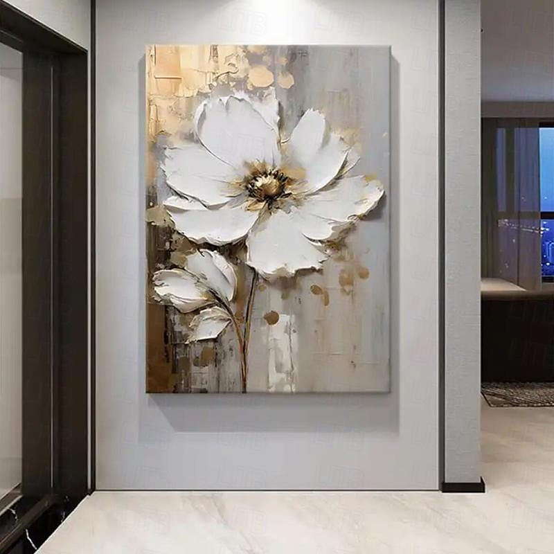 Handgemaltes großes Blumentexturgemälde, 3D-Texturgemälde, abstraktes Goldblumengemälde, originales goldenes Wandkunst-Blumengemälde für Wohnzimmer, Heimdekoration, gespannter Rahmen, fertig zum 2025 - $150.99 –P6