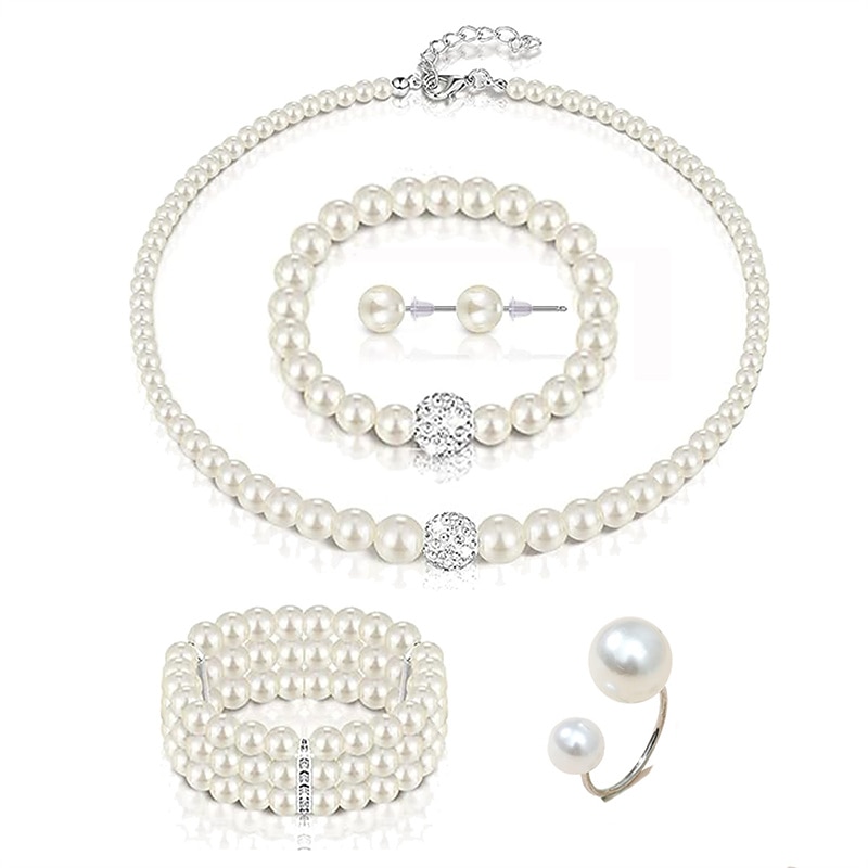 Bride Pearl Bracelet Necklace Earring Ring Handheld Bag Jewelry Set with 6 Diamond Set for Ladies 2025 - $33.99 –P7