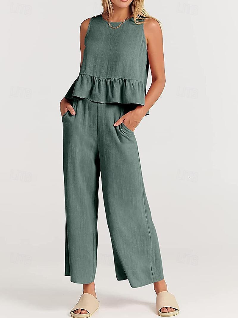 Linen Set Tank Cotton Linen Shirts Set Women's Black Army Green Navy Blue Solid Color Ruffle 2 Piece Street Daily Fashion Round Neck Cotton Linen Regular Fit S 2025 - $38.99 –P4