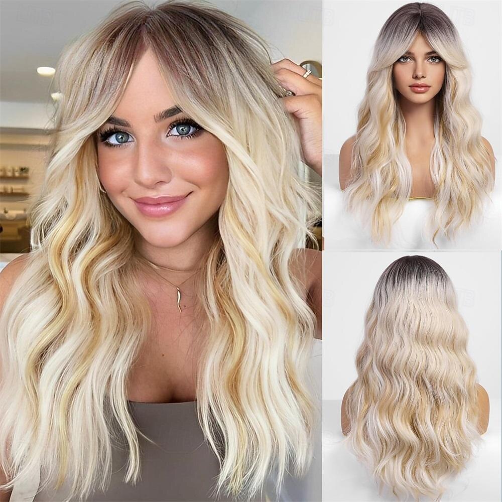 Ombre perucas loiras sujas com bangsash loira longa peruca ondulada para mulheres peruca de cabelo sintético longo encaracolado para festa uso diário 24in de 2025 por $29.99 –P1
