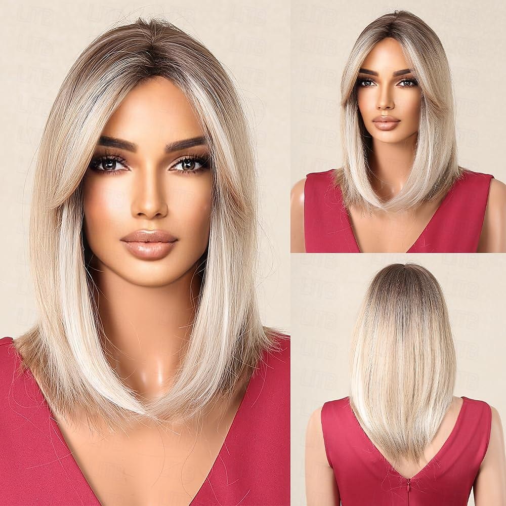 parrucca bionda con frangia parrucche bionde corte e ondulate con radici scure per donne capelli sintetici resistenti al calore parrucche carine dall'aspetto naturale per del 2025 a $18.99 –P2