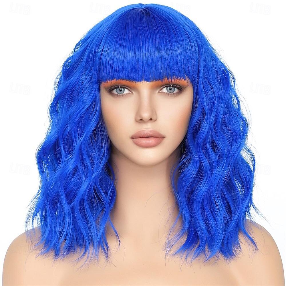 Bob Wig With Bangs Short Wavy Blue Wig Women Synthetic Colored Bachelorette Wigs Shoulder Length Party Halloween Christmas Fun Cosplay Wigs 2025 - $26.99 –P1