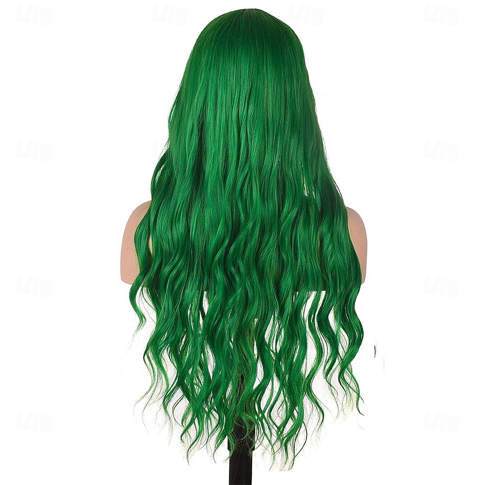 hosszú hullámos zöld paróka frufruval hőálló szintetikus haj parókák nőknek halloween jelmez cosplay party St.patrick napi parókák 2025 - $20.99 –P8