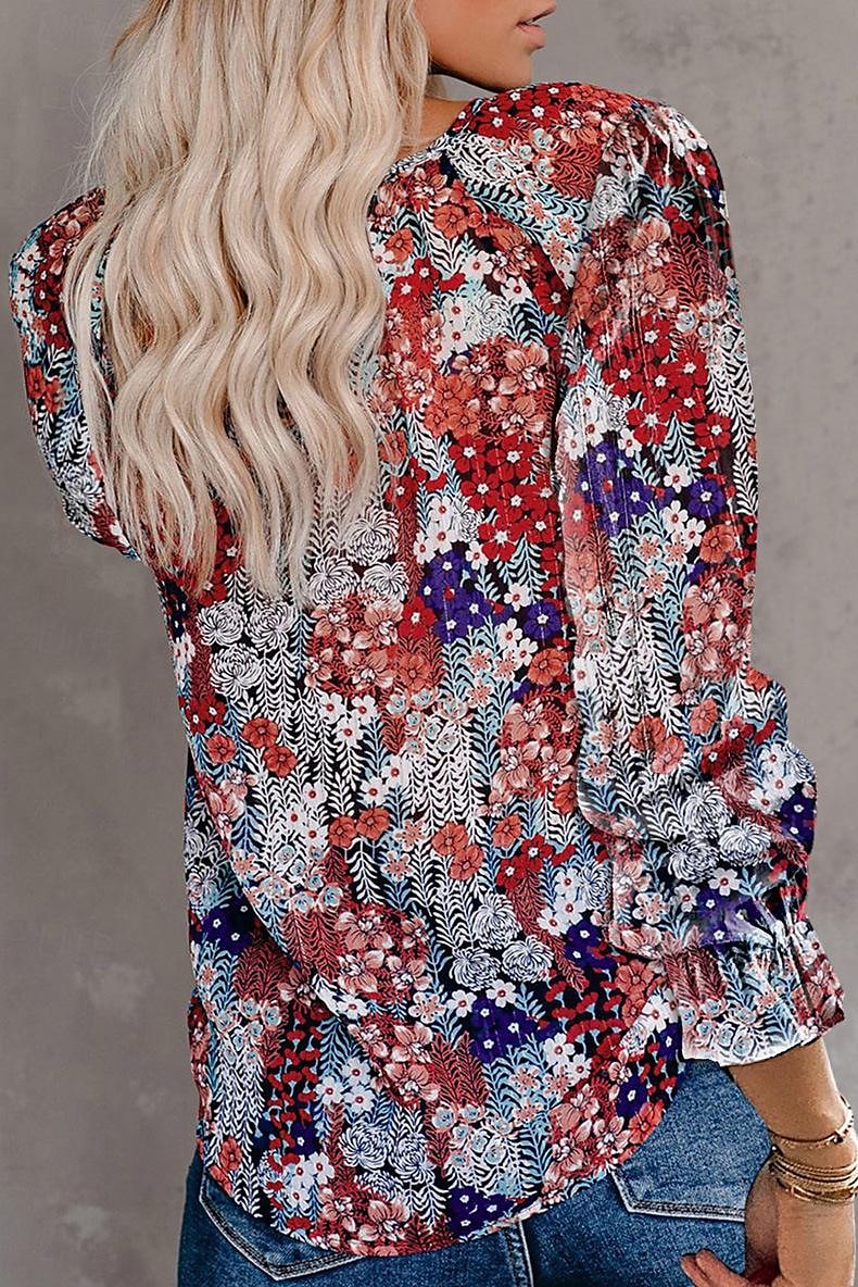 camicia da donna camicia boho camicetta moda floreale geometrico con lacci stampa manica lunga top regolari scollo a V casual festa nero bianco rosa vino rosso primavera& autunno del 2025 a $27.99 –P7