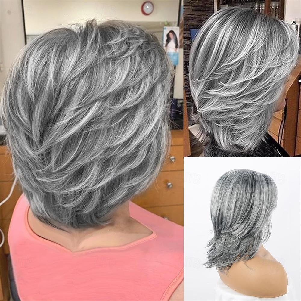 Pelucas de sal y pimienta para mujer, color gris plateado ombre, peluca en capas bob con flequillo de cortina, cortes de pelo cortos de duendecillo para mujeres mayores, pelucas bob sintéticas de 2026 - GBP £23 –P1