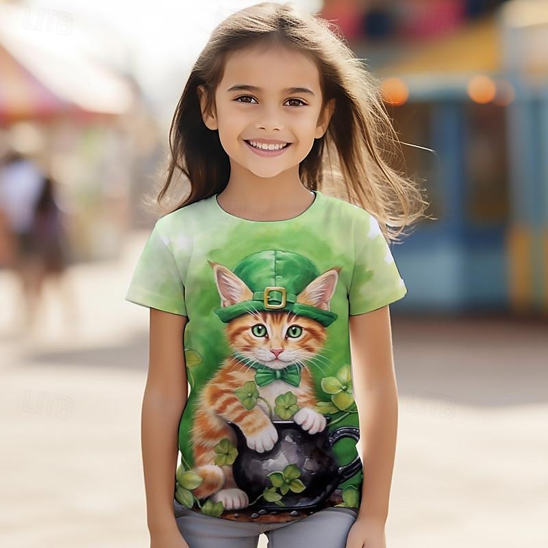 St. Patrick Girls' 3D Cat Four Leaf Clover Tee Shirt Short Sleeve 3D Print Summer Active Fashion Cute Polyester Kids 3-12 Years Crew Neck Outdoor Casual Daily Regular Fit 2025 - $11.99 –P1