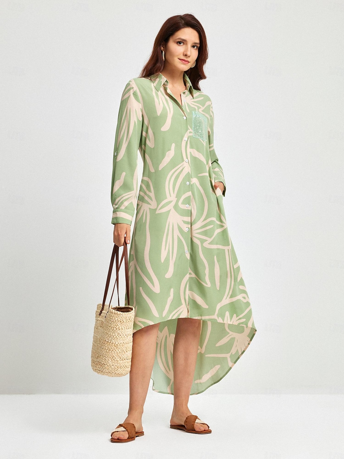 vestido camisa floral simples com lantejoulas de 2025 por $5.59 –P1