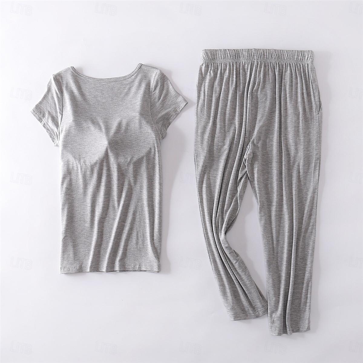 pigiama da donna set colore puro semplice comfort casa quotidiano letto modal traspirante girocollo manica corta maglietta pantaloni pettorali protezioni abiti estivi per la casa del 2026 a $26.99 –P2
