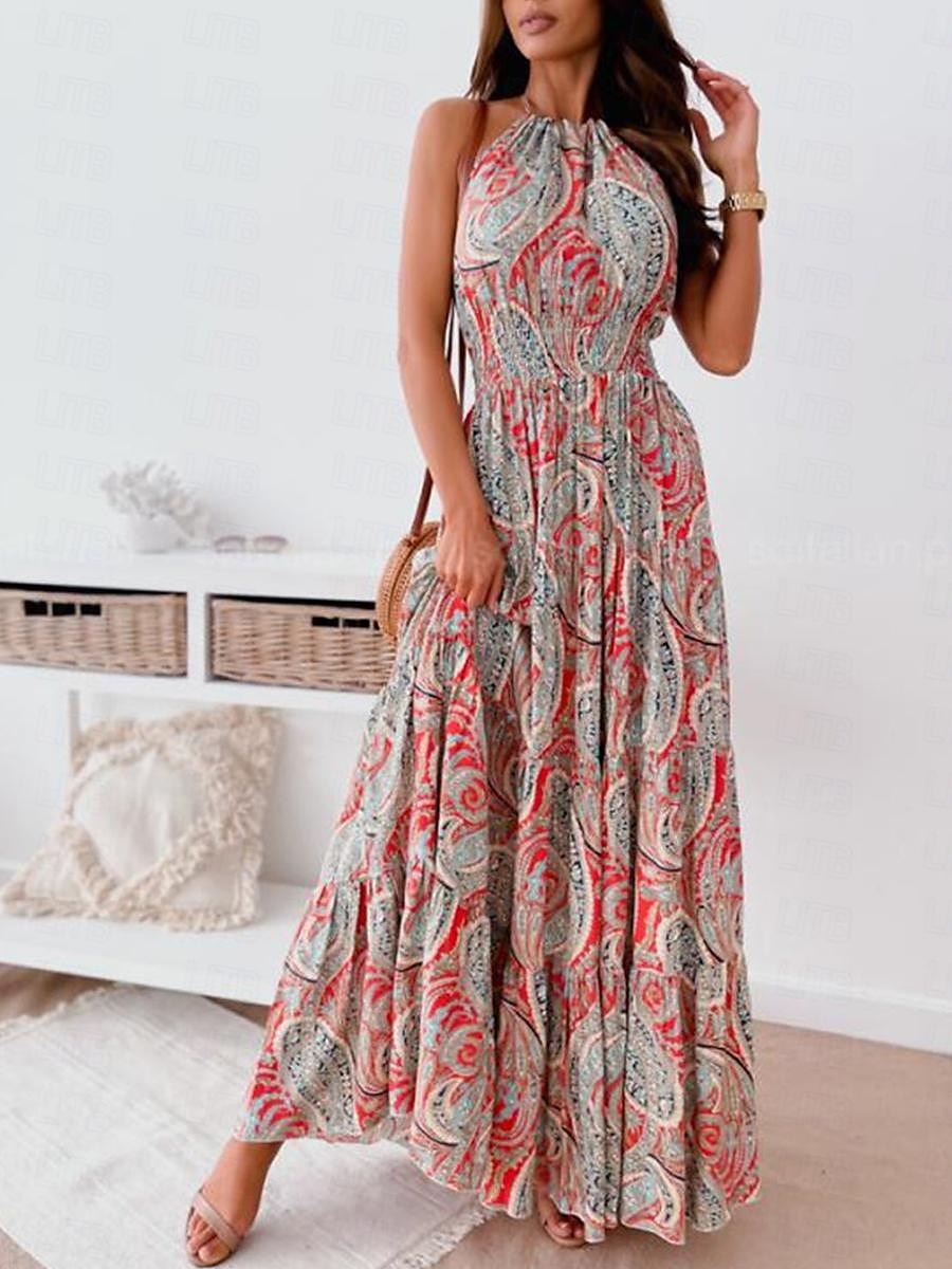 Dame Lang kjole Maxikjole Uformell kjole Boho elegante kjoler Boho-kjole Bohem Gatemote A-linje Feriereise Gate Ferie Normal Blomstret Paisly Ermeløs Grimehals Rød Blå Sommer 2025 - $39.99 –P3