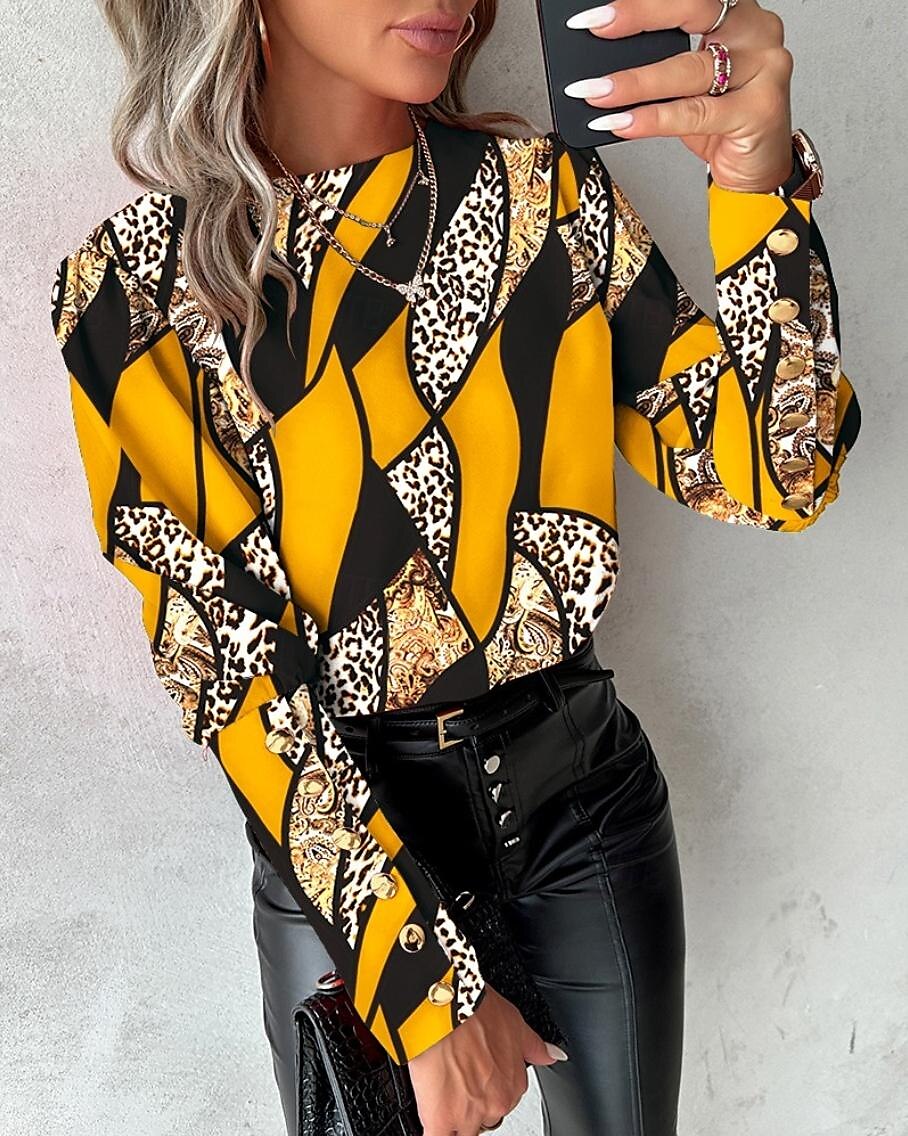 camicetta da donna elegante color block bottoni stampa maniche raglan manica lunga girocollo casual giallo rosso blu verde primavera&amp; estate del 2025 a $26.99 –P4