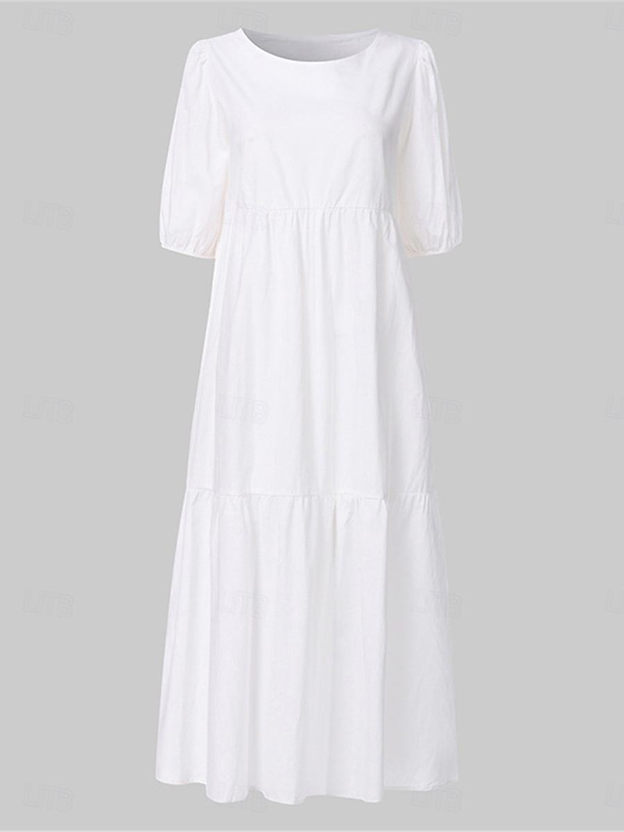Damen mittellanges Kleid weiß gestuft Bohemian Stil kurze Puffärmel lässig fließend Strand Sommer atmungsaktive Baumwolle Kleidung Bekleidung 2025 - $46.99 –P6