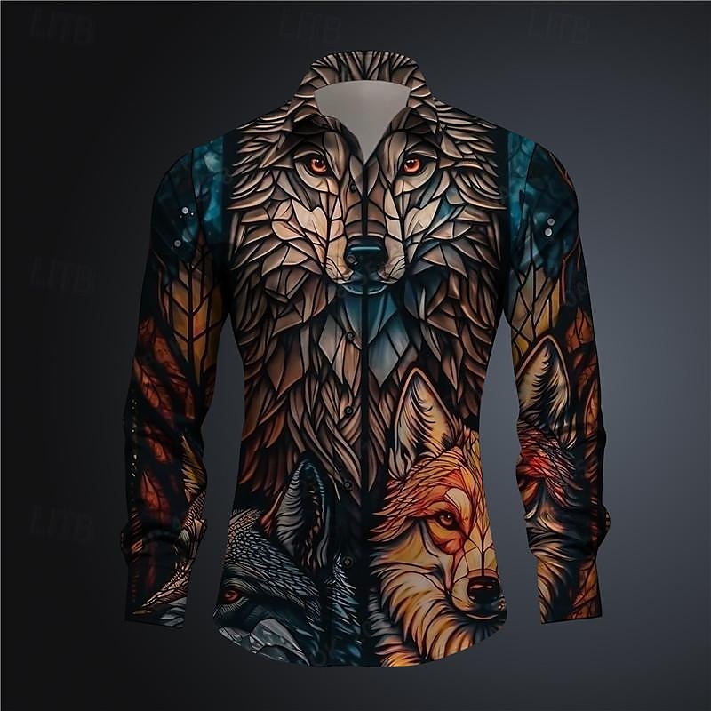 Herren Farbblock Wolf Mehrfarbig Knopfhemd Bedruckte Hemden Langarm Subkulturell Urlaub Party Strasse Frühling Sommer Umlegekragen Bedruckt Button-Down Rosa Blau Purpur Grün 2025 - $24.99 –P1