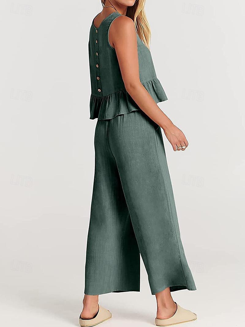 Linen Set Tank Cotton Linen Shirts Set Women's Black Army Green Navy Blue Solid Color Ruffle 2 Piece Street Daily Fashion Round Neck Cotton Linen Regular Fit S 2025 - $38.99 –P5