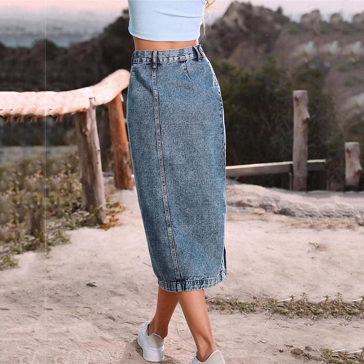 Femme Jupe Jupe mi-longue en jean Mode Décontractées Midi Taille haute Jupes Couleur Pleine Pointes fourchues Casual Quotidien Fin de semaine Noir bleu marine Bleu de minuit Eté Jean de 2025 ? $31.99 –P3