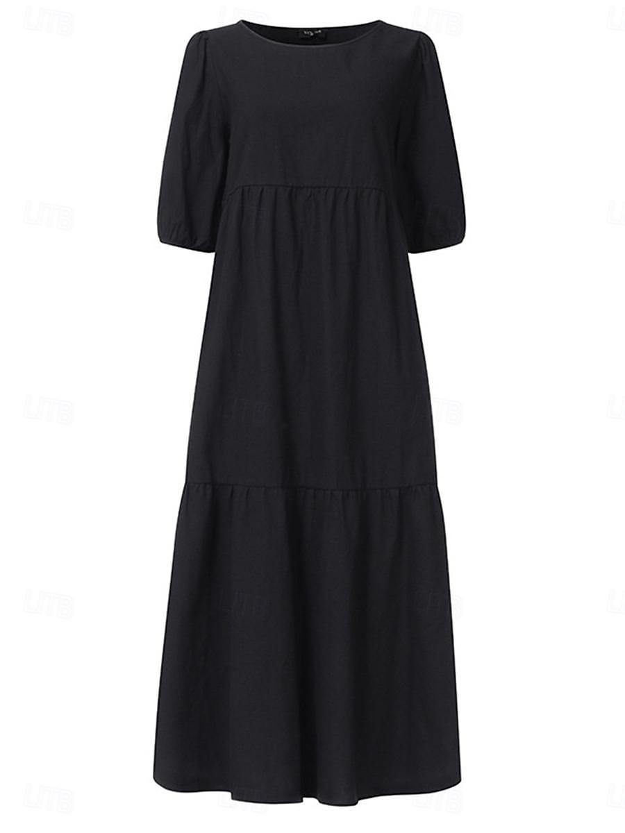 Damen mittellanges Kleid weiß gestuft Bohemian Stil kurze Puffärmel lässig fließend Strand Sommer atmungsaktive Baumwolle Kleidung Bekleidung 2025 - $46.99 –P4